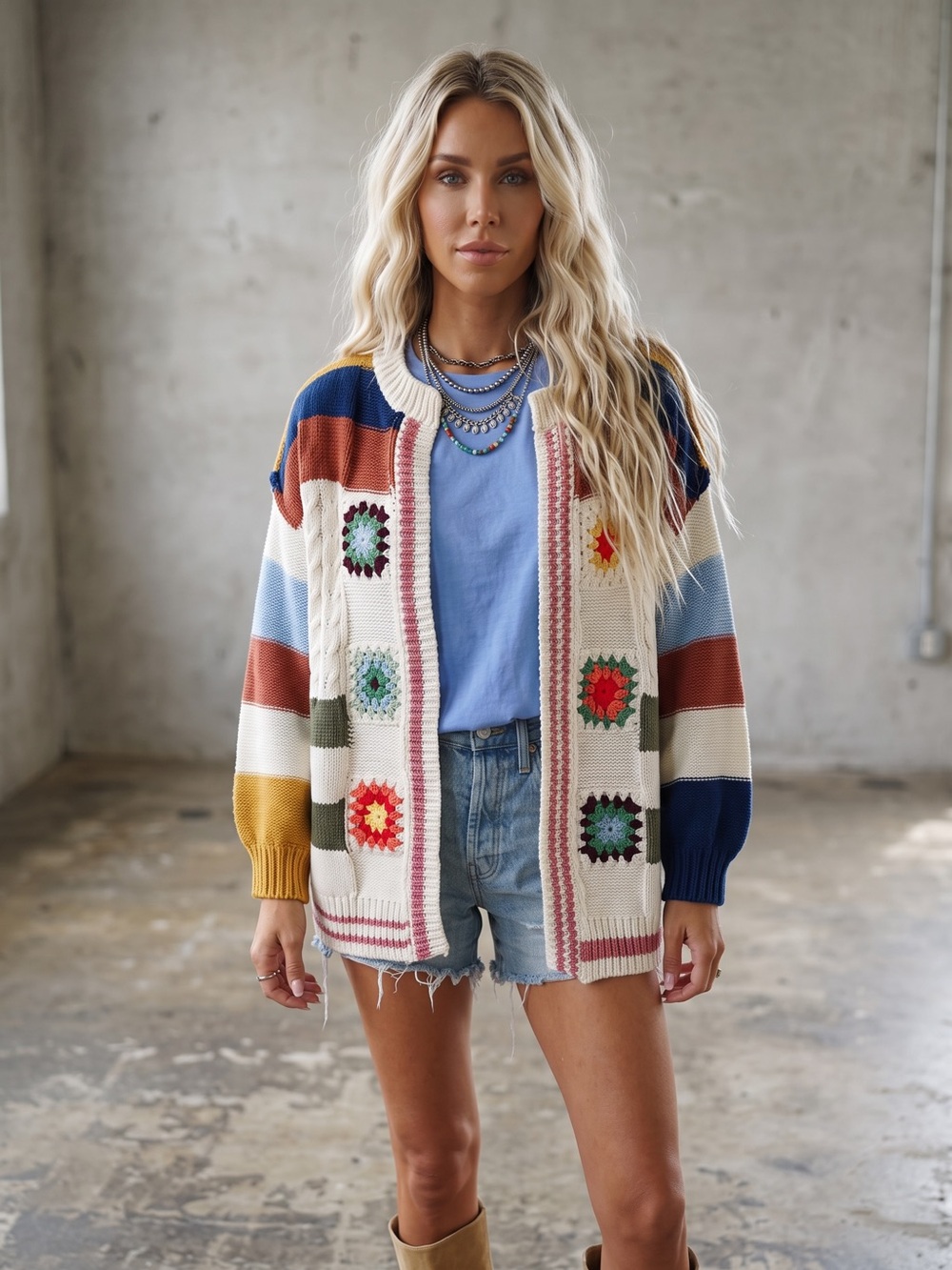 NWT POL Granny Tile Crochet Handmade Stripe Chenille Cardigan Sweater - Picture 13 of 16